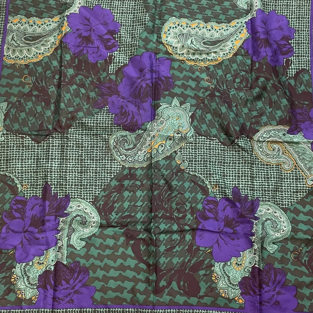 Christian Dior 100% Silk Scarf Green Purple Paisley Floral Square Vintage